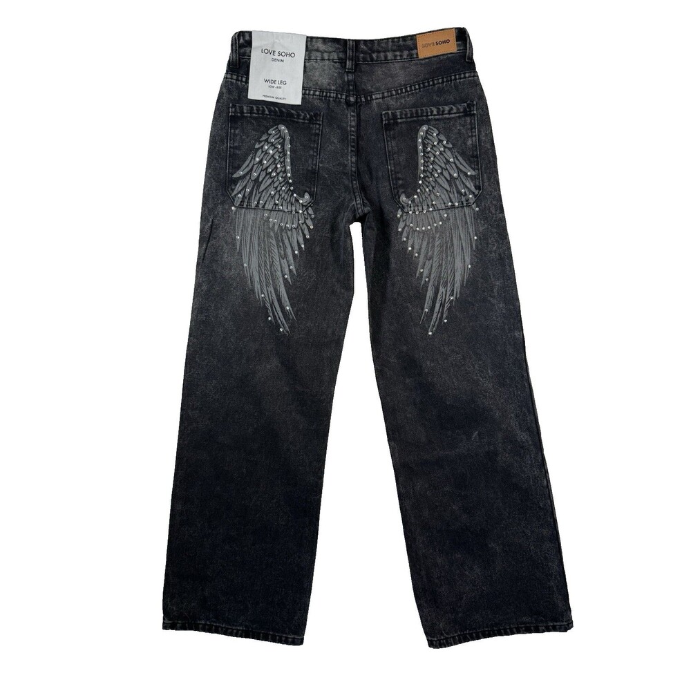 Love SOHO Denim Wide Leg Black Low Rise Jeans With Angel Wings Juniors Woman's 7